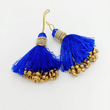 Royal Blue Tassels With Gold Beads, Beaded Thread Tassel Charms, Silky Tassels